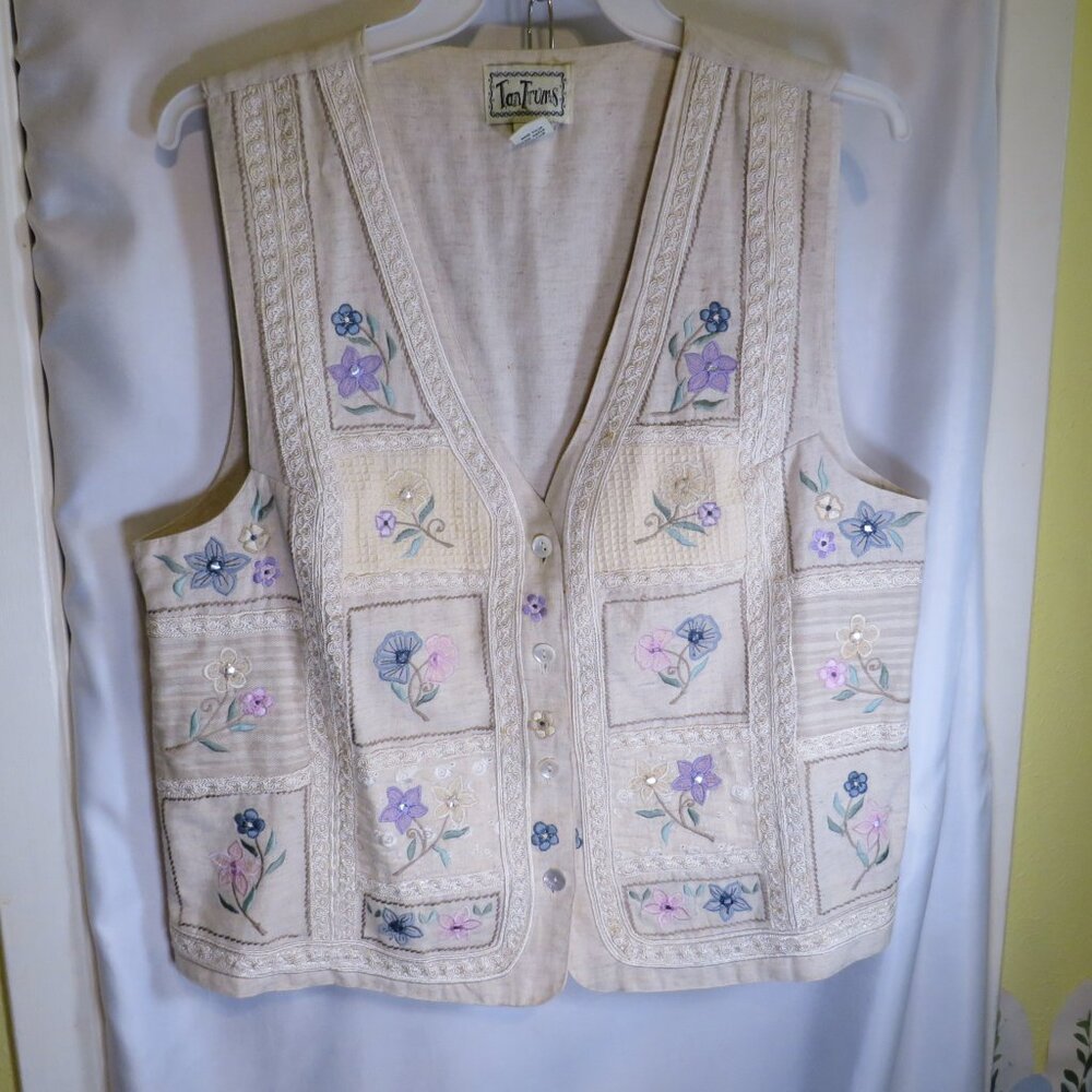 TanTrums Floral Beaded & Embroidered Linen Vest Pink & Blue Cottagecore